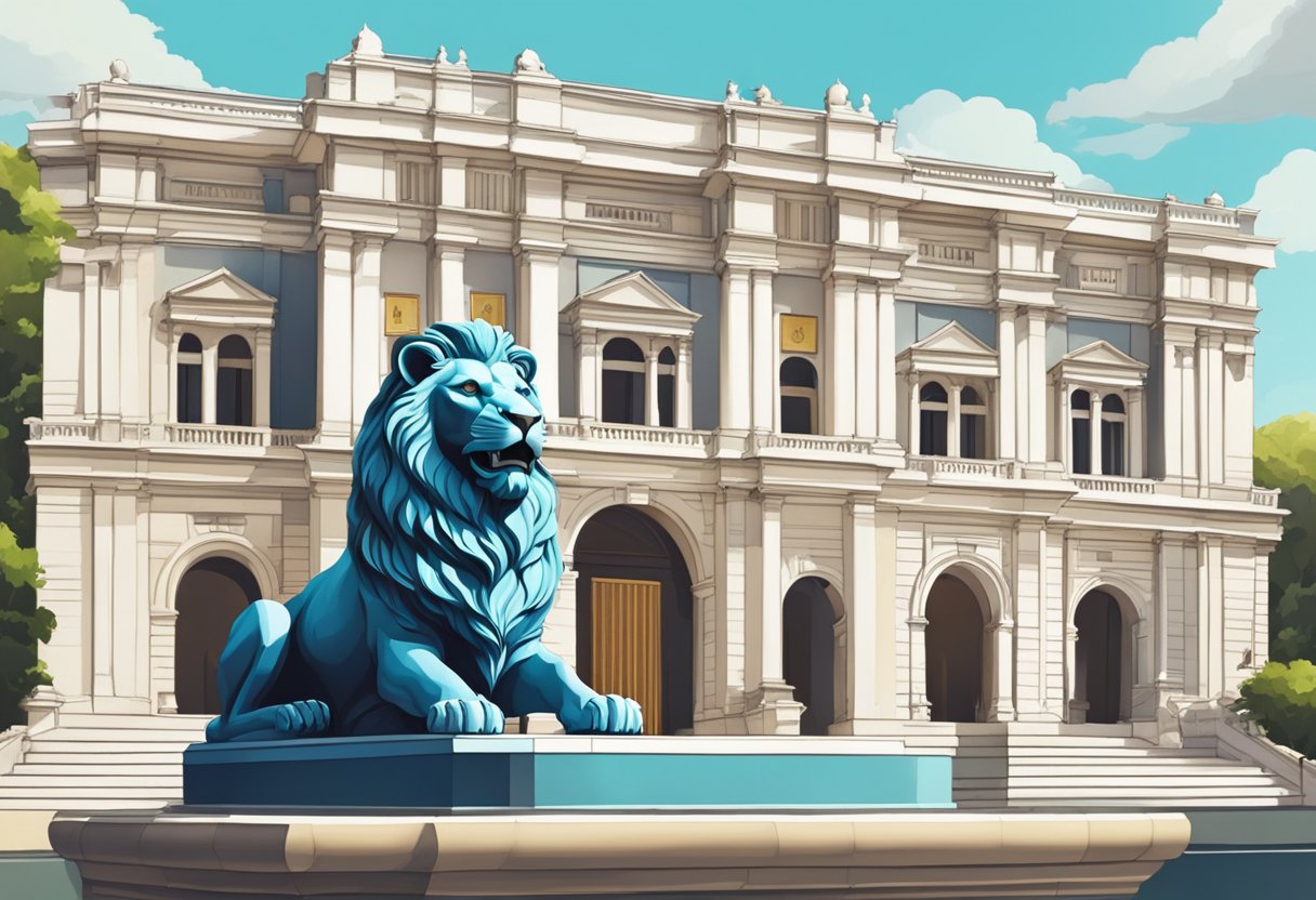 A lion statue stands proudly in front of a grand building, symbolizing strength and protection in the bustling city of Singapore