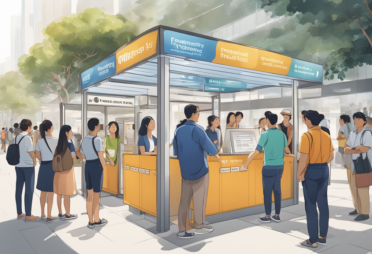 A crowded information booth with people lining up, signs with "Frequently Asked Questions" in multiple languages, and staff assisting visitors at IMM Singapore