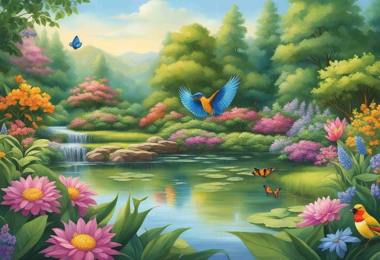 Lush greenery surrounds a tranquil pond, where colorful birds and butterflies flutter among the vibrant flowers. A variety of wildlife can be spotted among the trees and bushes, creating a serene and natural setting