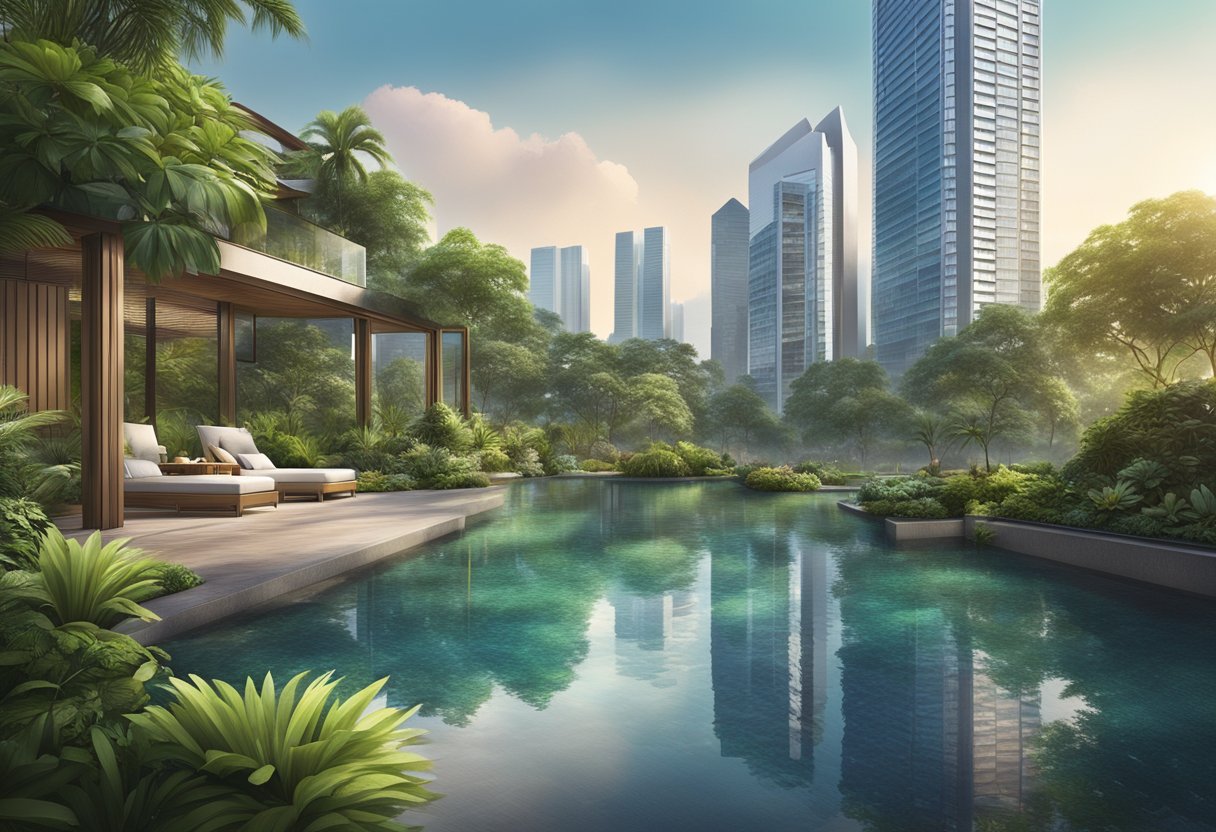 A lush, tropical garden with a serene pool and modern skyscrapers in the background, showcasing the blend of nature and urban luxury in Singapore