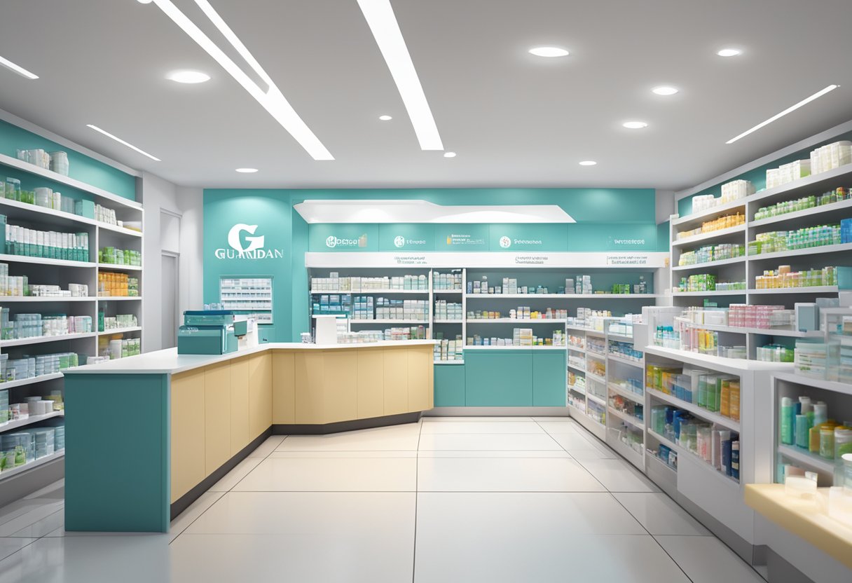 A modern pharmacy with the Guardian Pharmacy Services logo prominently displayed in Singapore. Bright, clean, and professional atmosphere