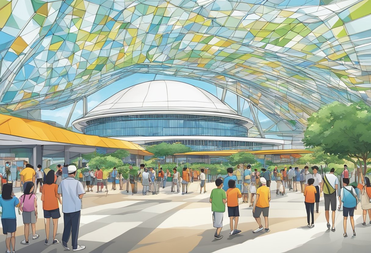 The Singapore Sports Hub is bustling with activity as people gather to ask questions at the information center. The iconic dome structure and surrounding sports facilities create a vibrant and dynamic backdrop for the scene