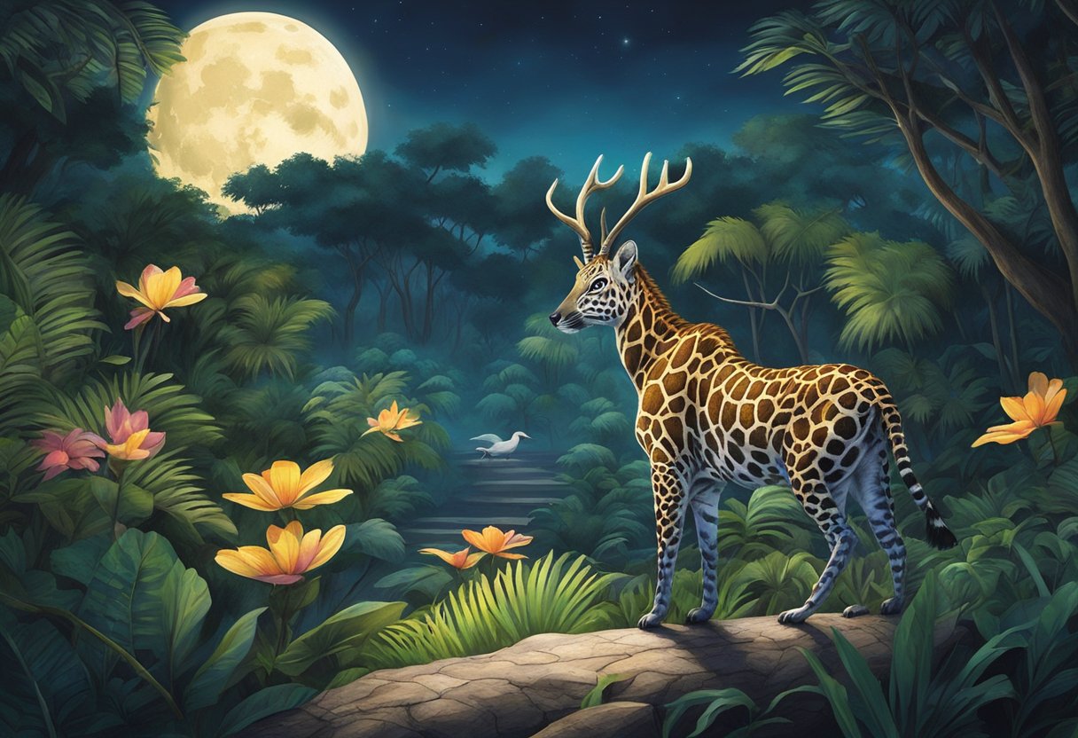 Animals roam under the moonlit sky at the Night Safari in Singapore. The nocturnal creatures are illuminated by soft, ambient lighting, creating a captivating and mysterious atmosphere