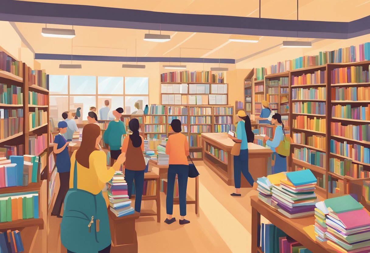 A bustling bookstore with rows of colorful books and stationary, customers browsing and chatting, and a warm, inviting atmosphere