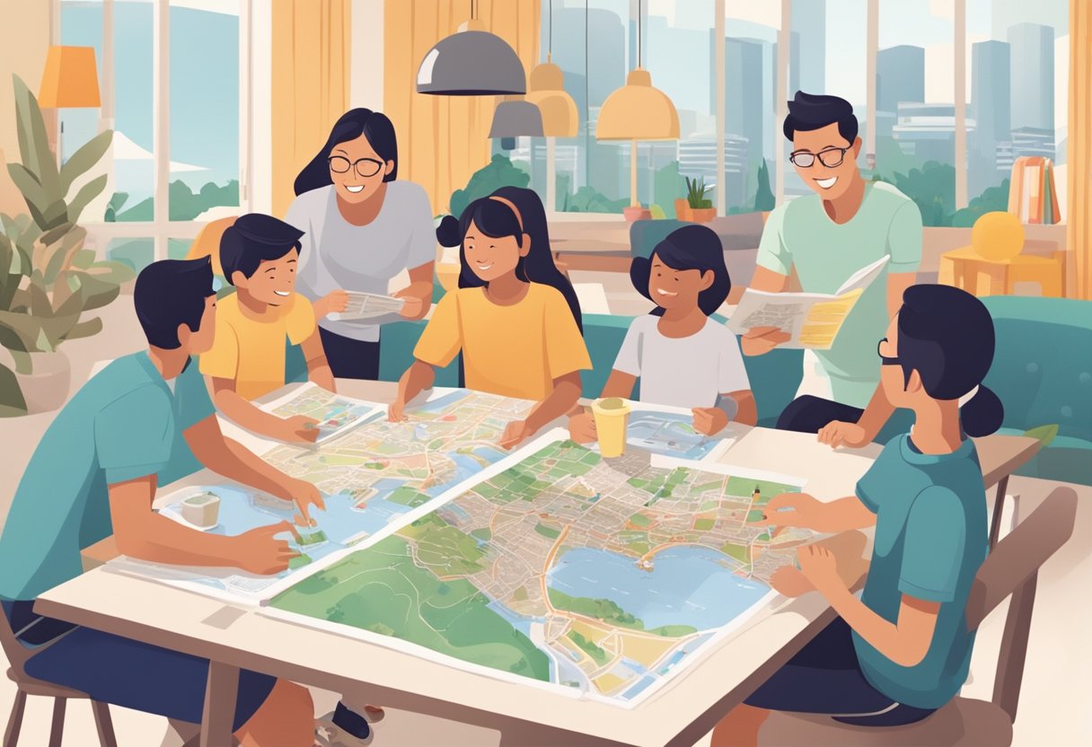 A family sits around a table covered with brochures and maps, planning their staycation in Singapore. The parents are pointing at different attractions while the children eagerly listen and suggest their own ideas
