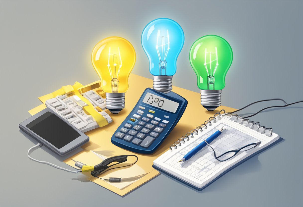 A glowing light bulb with a price tag, surrounded by electric plugs and a calculator