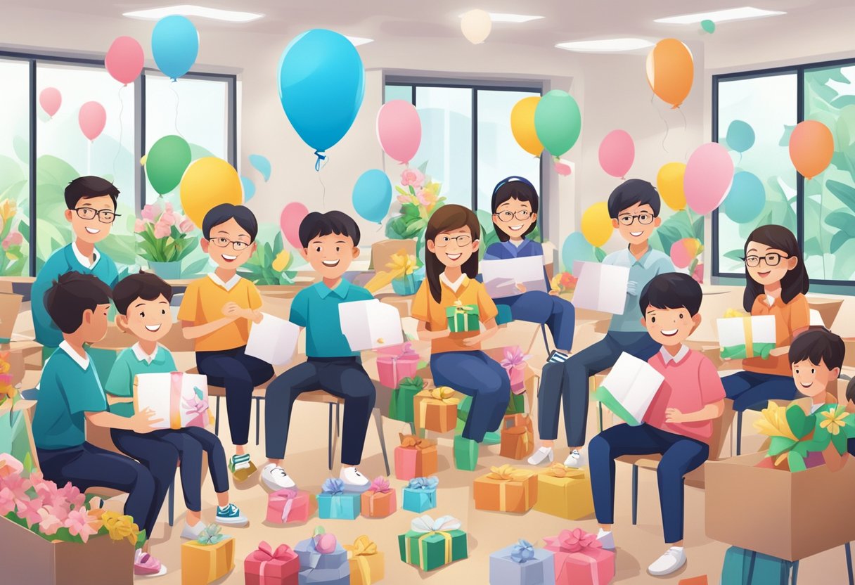 Students present gifts to teachers, who are surrounded by flowers and cards, in a classroom decorated with banners and balloons for Singapore Teachers' Day