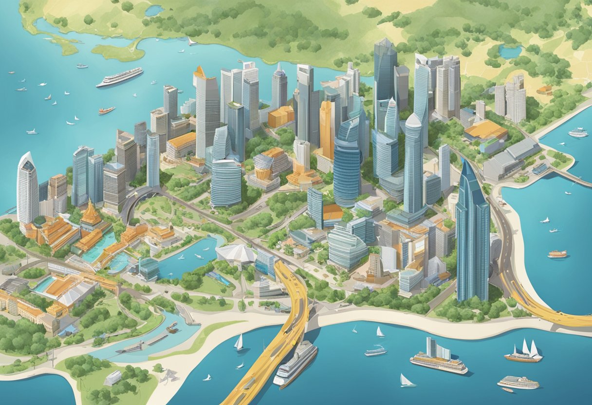 People gathered around a map of Singapore, pointing and discussing