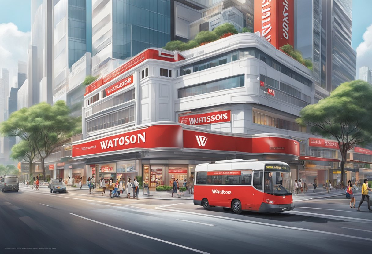 The iconic red and white exterior of Watsons Singapore stands out against the bustling city backdrop, with its bold signage and inviting storefront