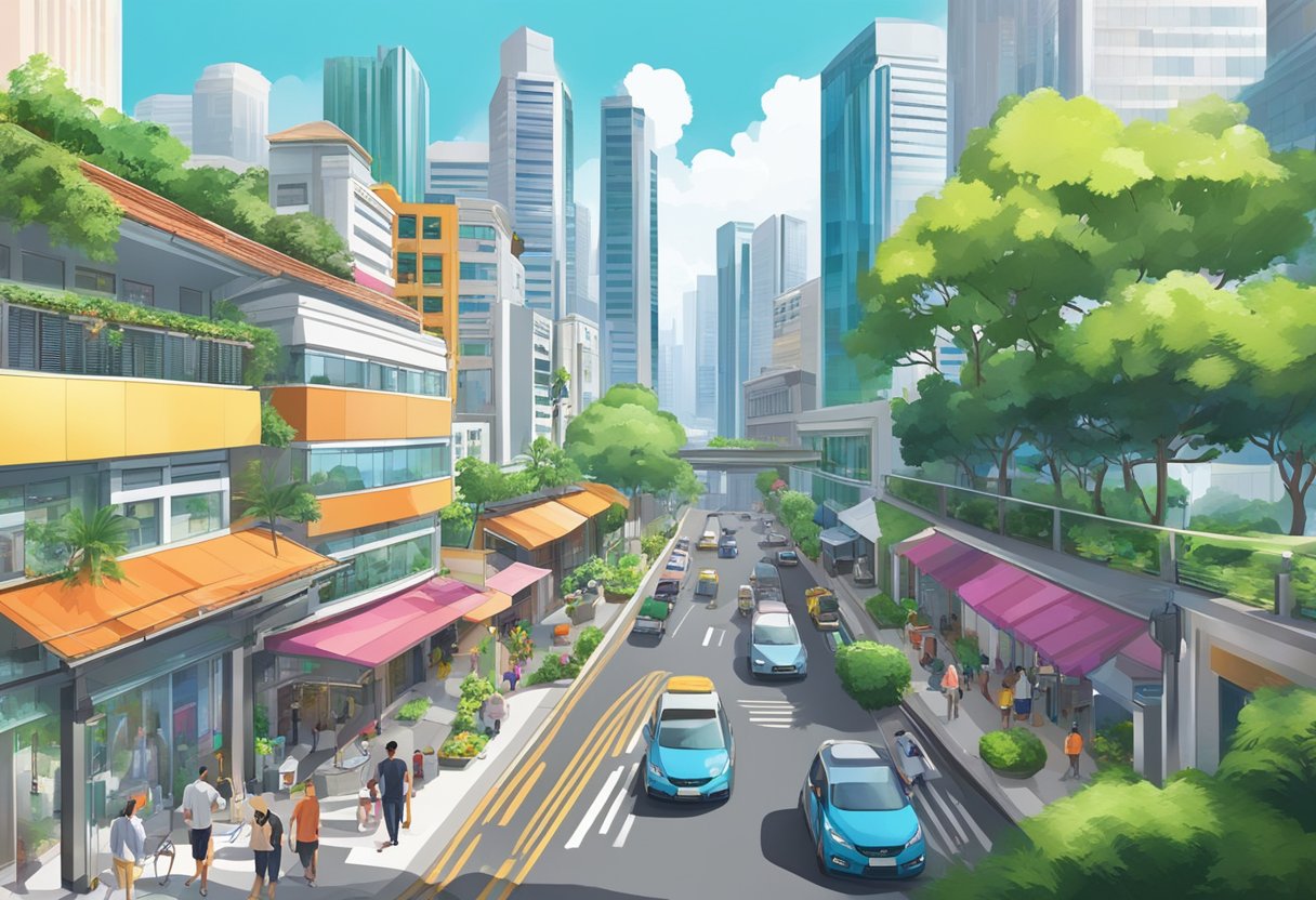 A bustling cityscape of Artyzen Singapore, with modern skyscrapers, vibrant street life, and lush greenery