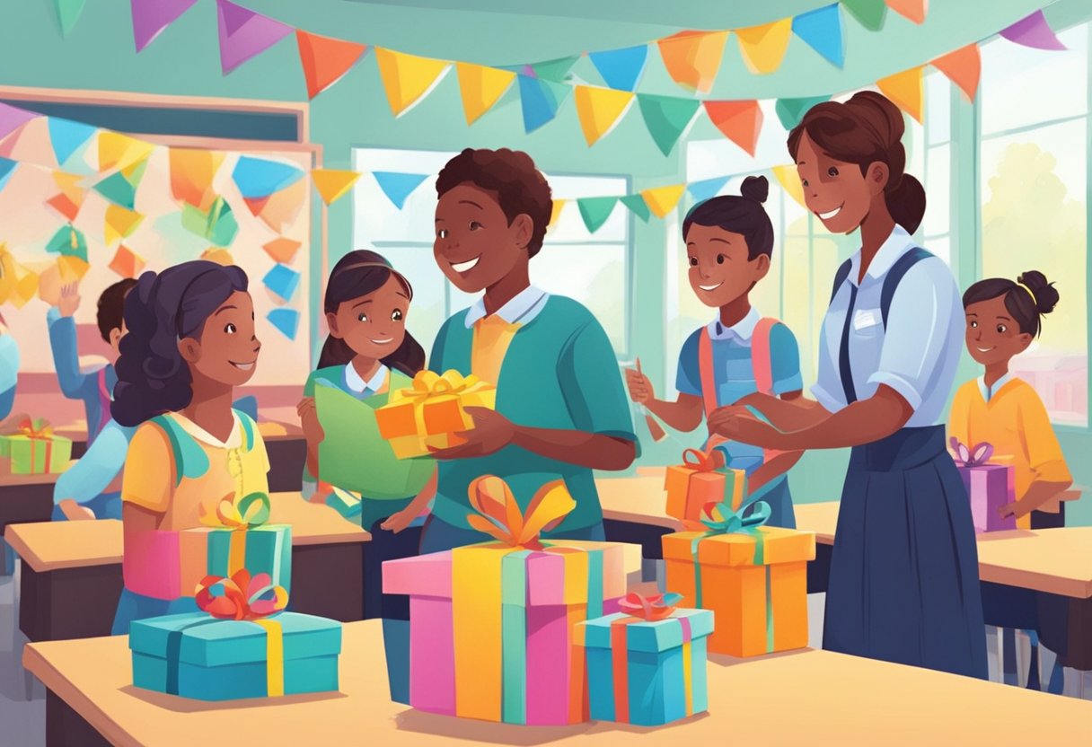 Students presenting gifts to teachers in a classroom adorned with colorful banners and decorations. A sense of gratitude and respect fills the air
