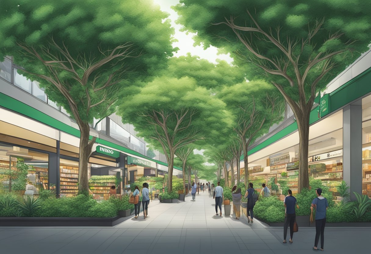 Lush green branches intertwine outside Kinokuniya Singapore