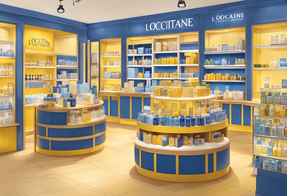 The L'Occitane Singapore store features vibrant displays of skincare products, with a focus on natural ingredients. The warm lighting creates a cozy and inviting atmosphere, while the signature yellow and blue branding adds a pop of color to the space