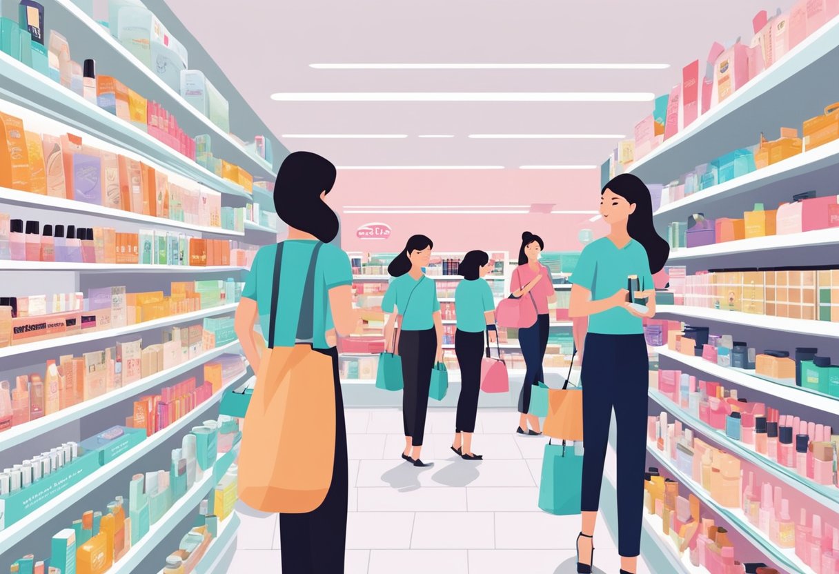 Customers browse aisles of beauty products at Watsons Singapore, examining shelves filled with skincare, makeup, and haircare items. Bright signage and neatly organized shelves create a welcoming atmosphere