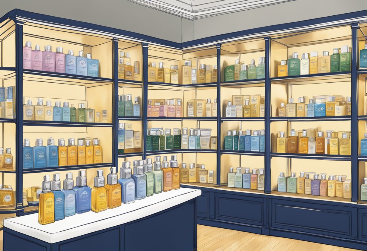 L'Occitane's Signature Collections displayed on a sleek, modern shelf in a well-lit, elegant boutique setting