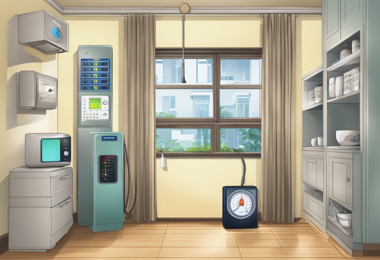 A residential home with various electrical appliances, a digital meter displaying electricity usage, and a brochure explaining Singapore's electricity tariffs