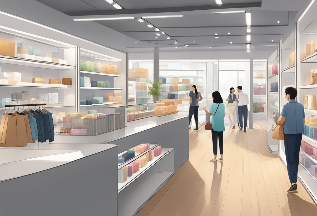 Customers browsing shelves in a well-lit, modern retail space with sleek displays and a friendly, helpful staff at a high-end boutique in Singapore