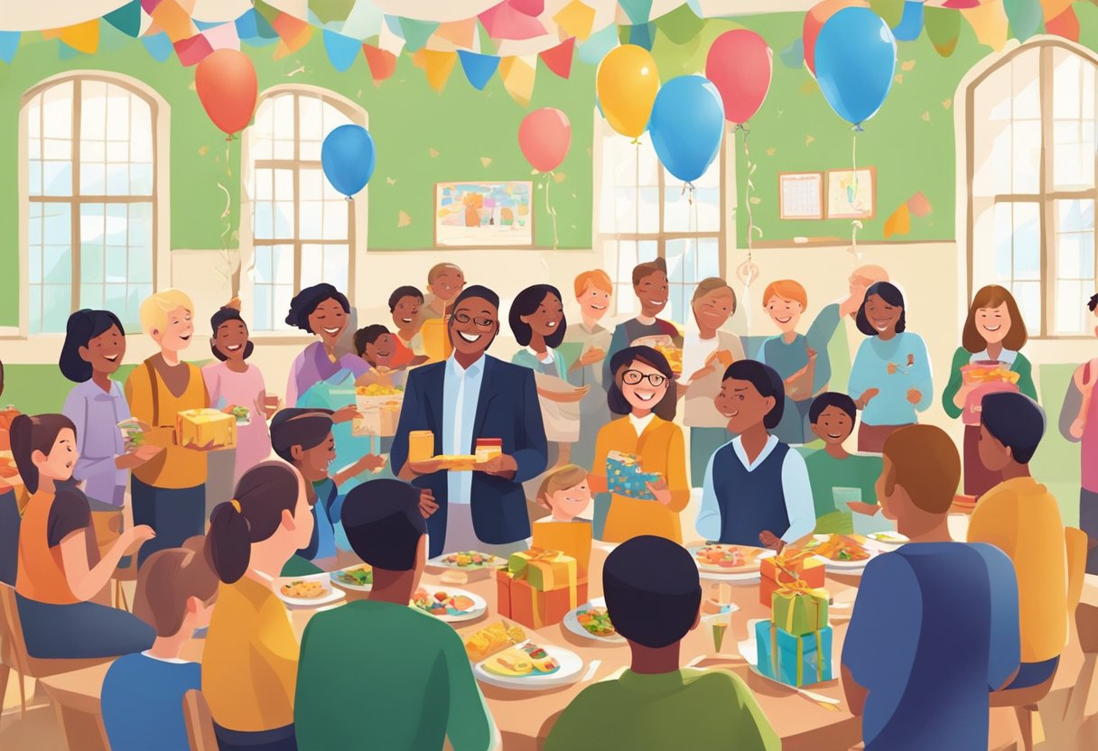 Teachers gather in a decorated school hall, receiving gifts and cards from students. Laughter and chatter fill the air as they enjoy a special celebratory lunch together