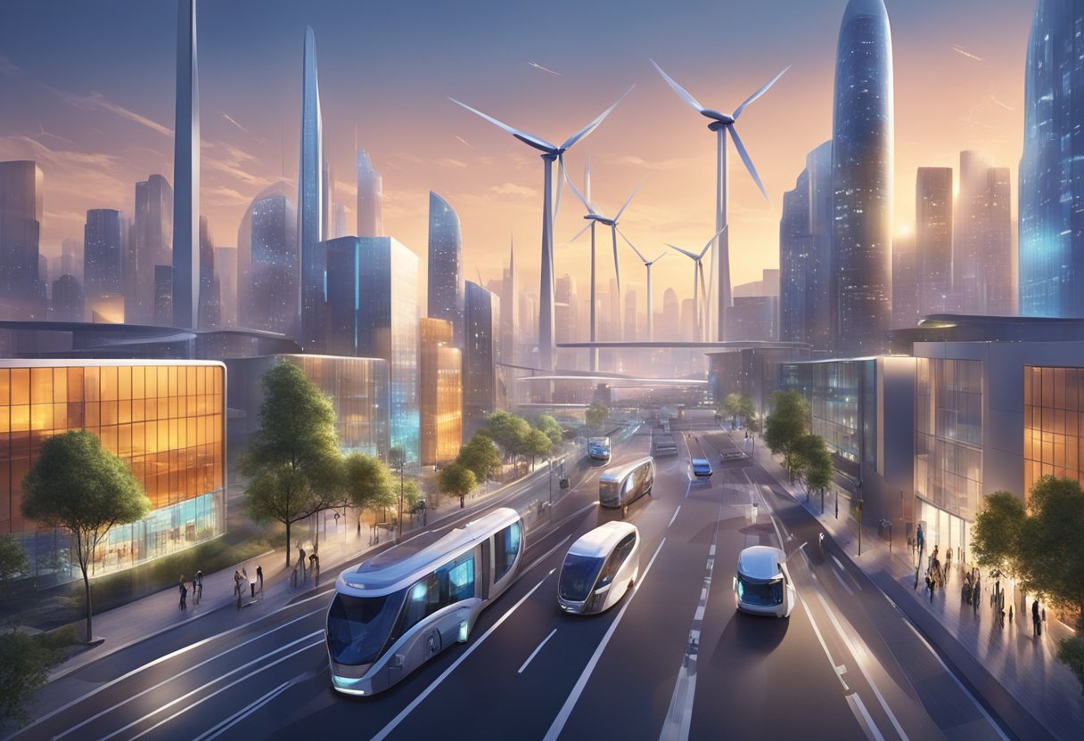 A bright, futuristic cityscape with sleek, solar-powered buildings and wind turbines. Electric vehicles zip along the streets, while hydro-powered streetlights illuminate the bustling sidewalks