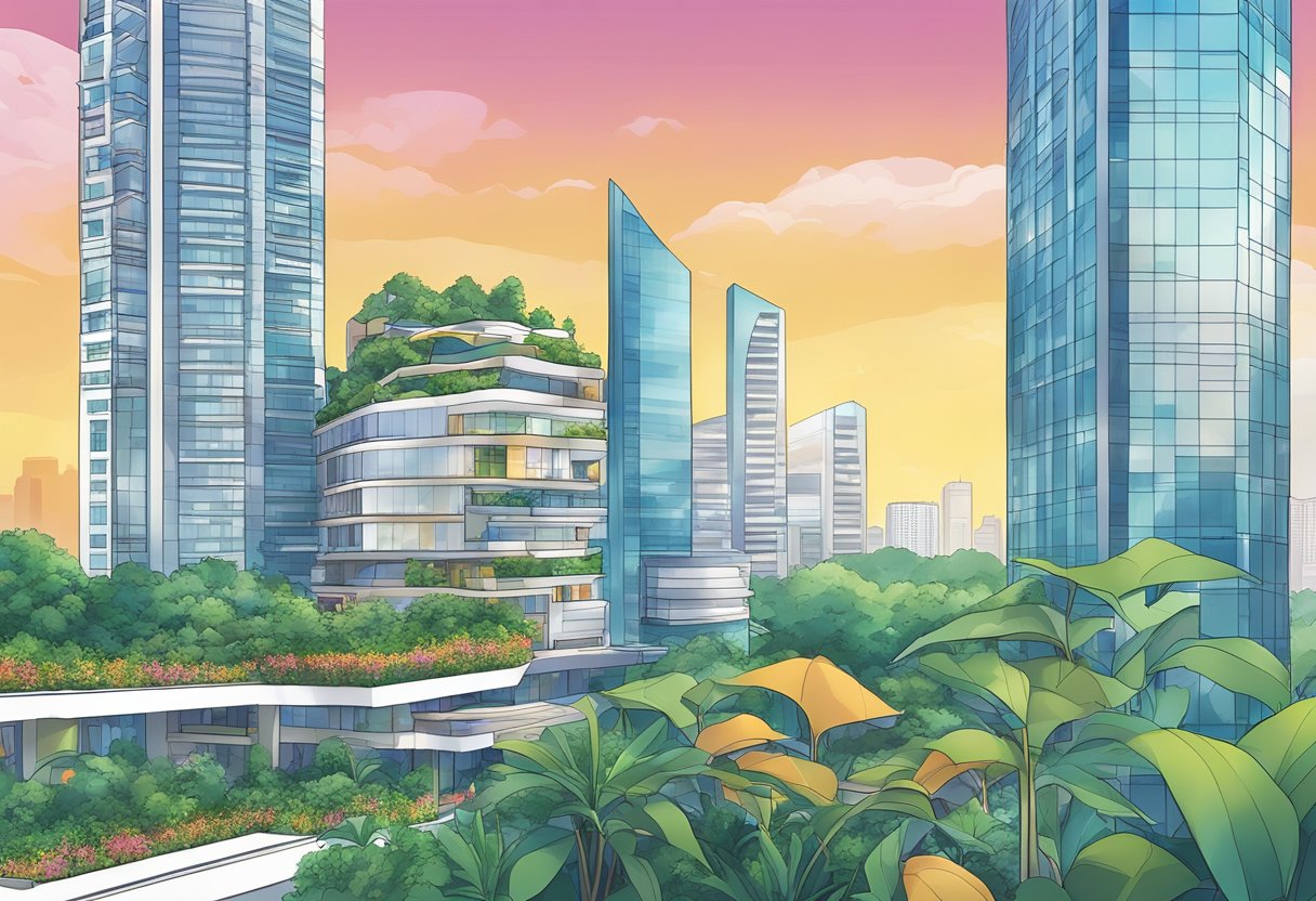 A vibrant city skyline with the Artyzen Singapore hotel standing tall amidst modern architecture and lush greenery