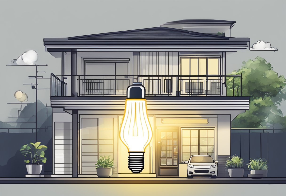 A bright lightbulb illuminates a modern Singaporean home, with a digital meter displaying the electricity tariff and support schemes