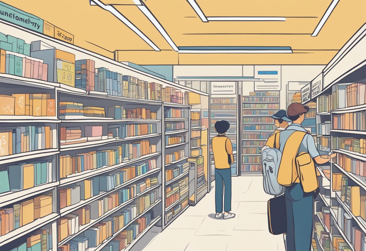 Customers browsing shelves in Kinokuniya Singapore, with a sign reading "Frequently Asked Questions" visible