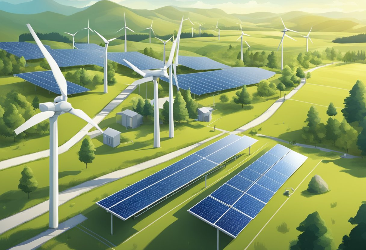 A sunny landscape with solar panels, wind turbines, and other renewable energy gadgets in use, showcasing their potential for a sustainable future