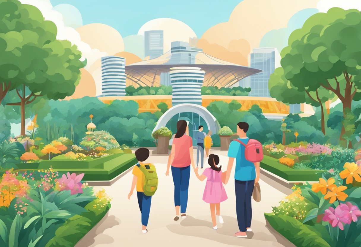 Families enjoying local attractions in Singapore, including gardens, museums, and cultural landmarks