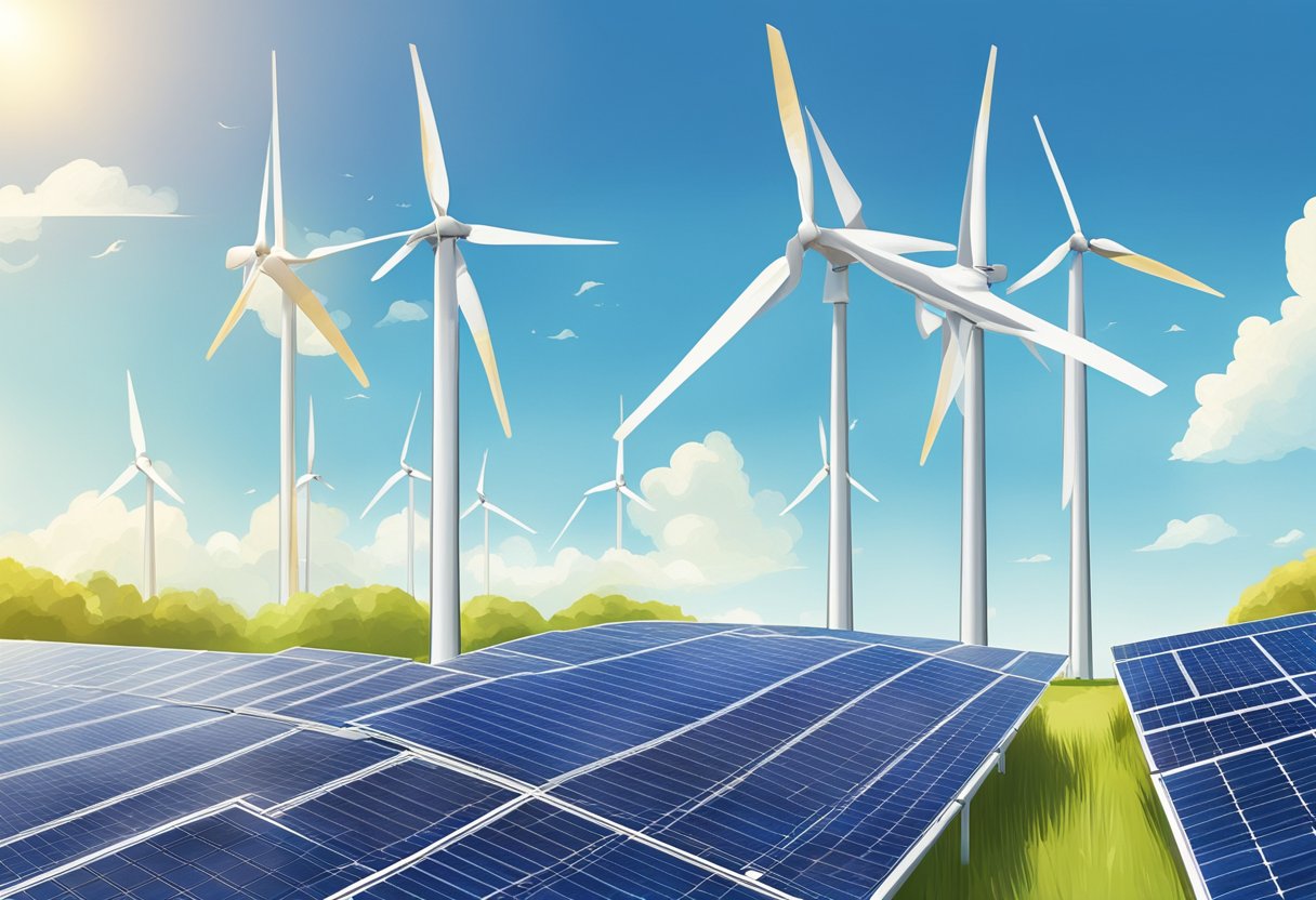 A wind turbine stands tall against a clear blue sky, its blades spinning gracefully in the breeze. In the background, a field of solar panels glistens in the sunlight, showcasing the top 10 renewable energy gadgets