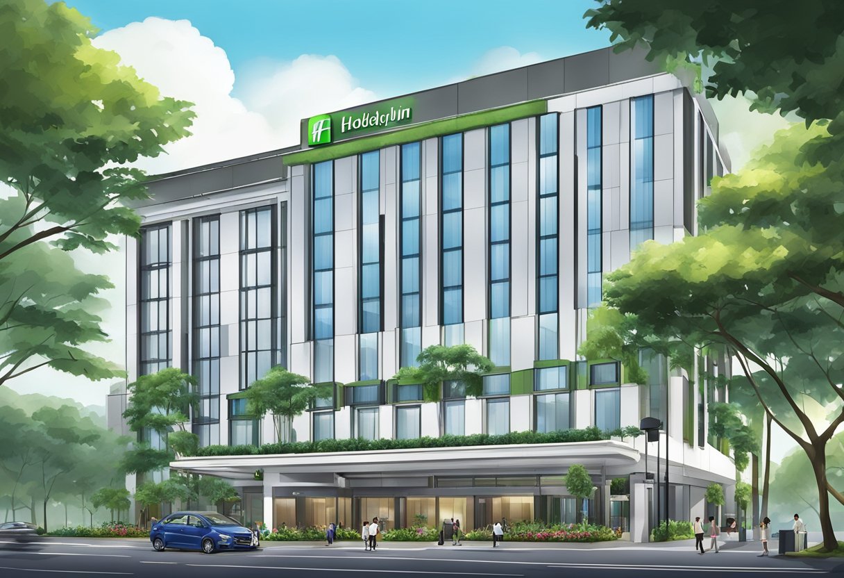 The Holiday Inn Orchard in Singapore is a bustling hotel with a modern façade, surrounded by lush greenery and vibrant city life