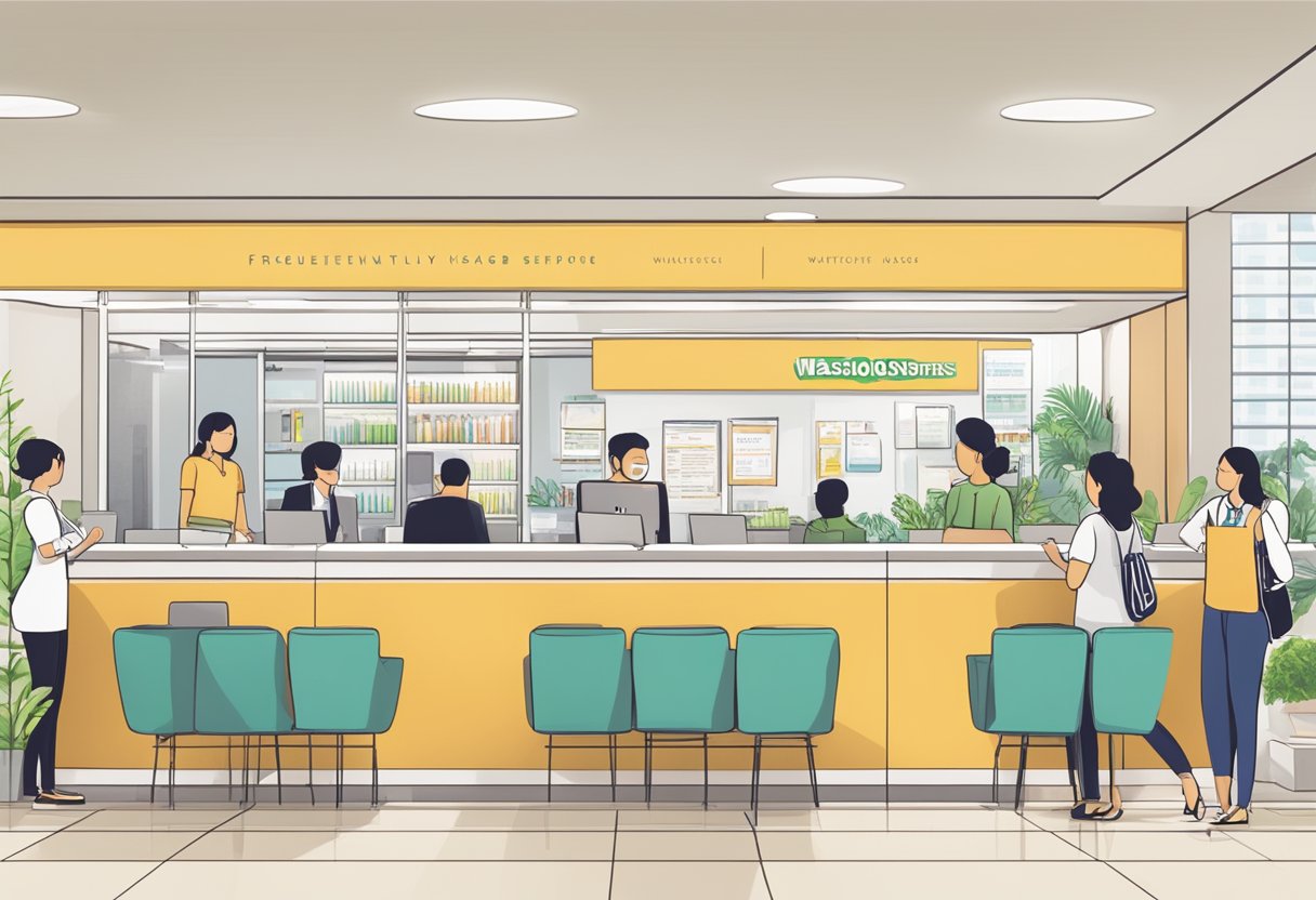A customer service desk with a sign reading "Frequently Asked Questions Watsons Singapore" and a line of people waiting to ask questions