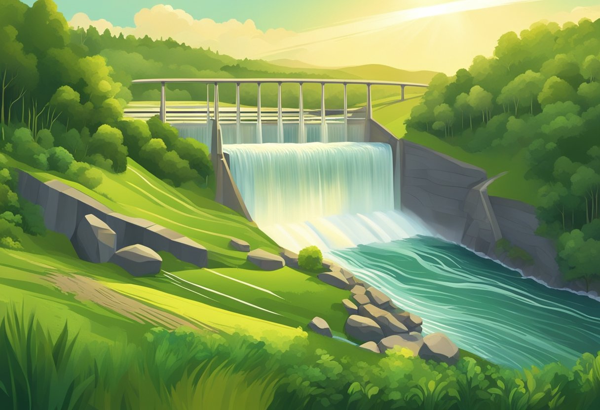 A rushing river flows through a lush green landscape, with a large hydroelectric dam in the background. The sun shines brightly, casting a warm glow over the scene