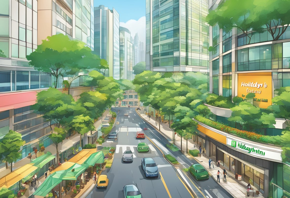 A bustling city street with a tall, modern building labeled "Holiday Inn Orchard Singapore" surrounded by lush greenery and colorful signage