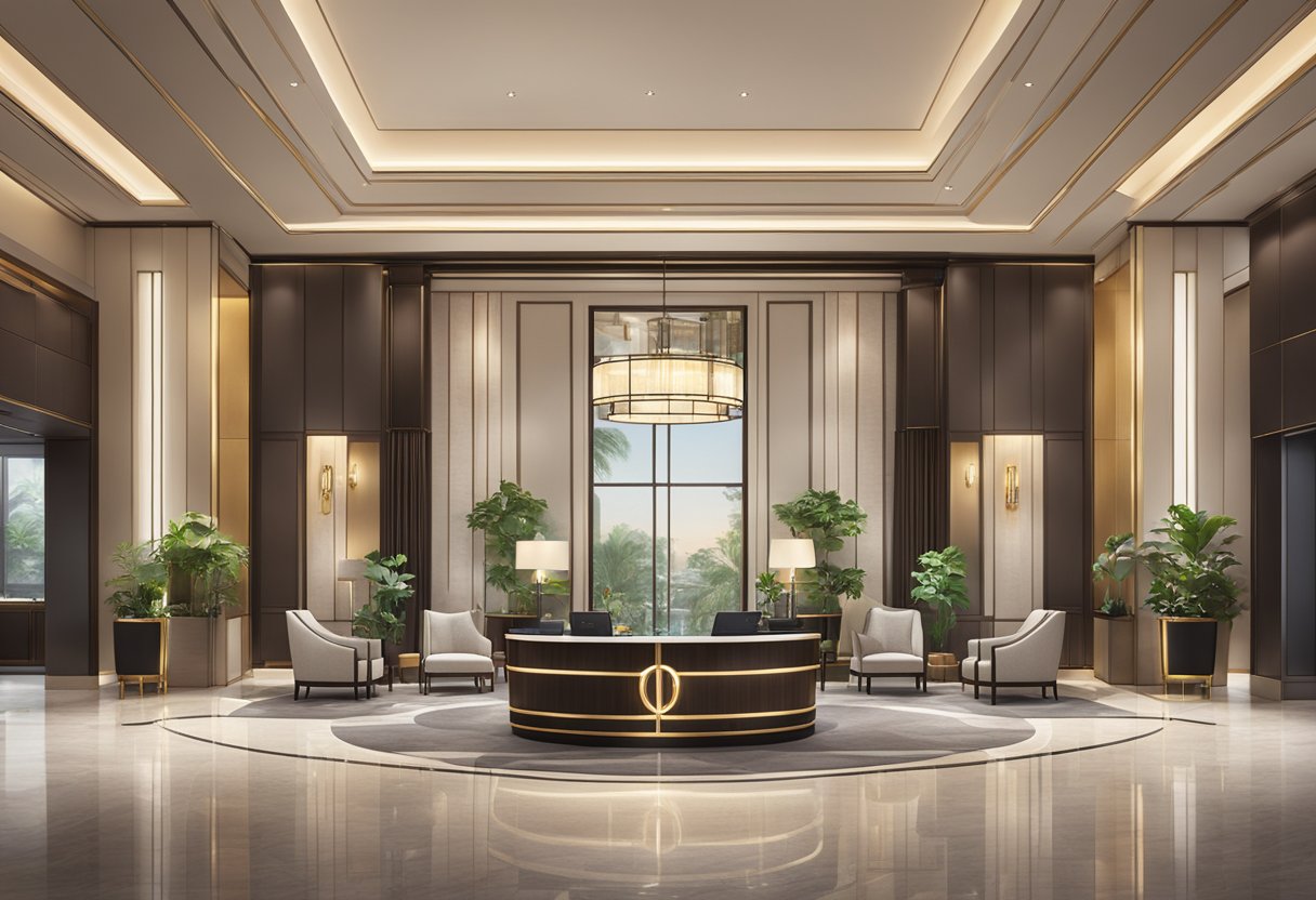 The scene showcases a luxurious hotel lobby with a concierge desk, comfortable seating areas, and a display of amenities and services offered by Artyzen Singapore