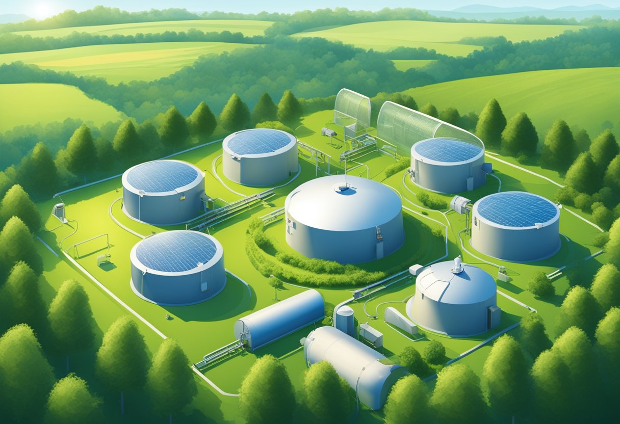 A field of biogas energy converters, surrounded by lush greenery and under a clear blue sky, with the sun shining down on them