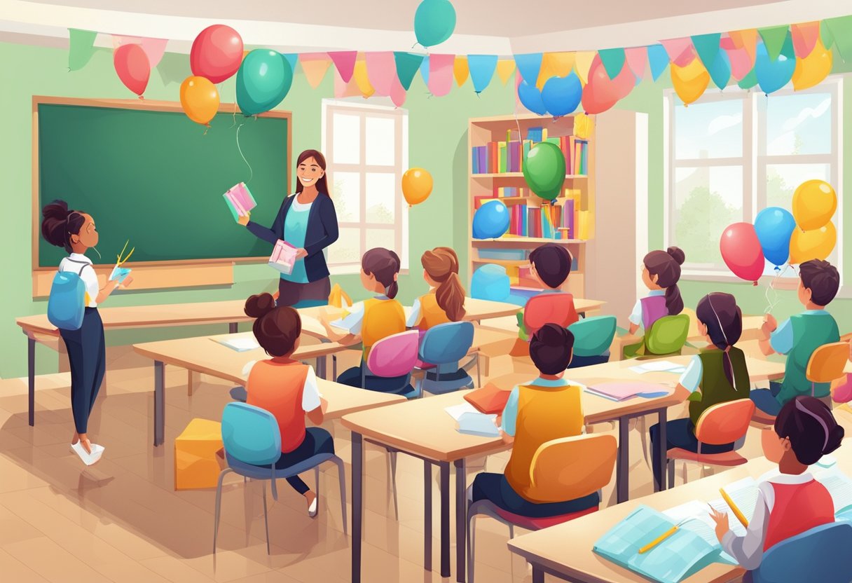 A group of students presenting gifts to their teachers in a classroom decorated with colorful banners and balloons