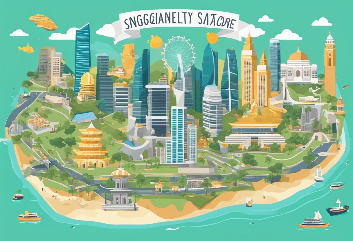 A colorful map of Singapore surrounded by iconic landmarks and symbols, with a banner reading "Frequently Asked Questions staycation singapore" at the top