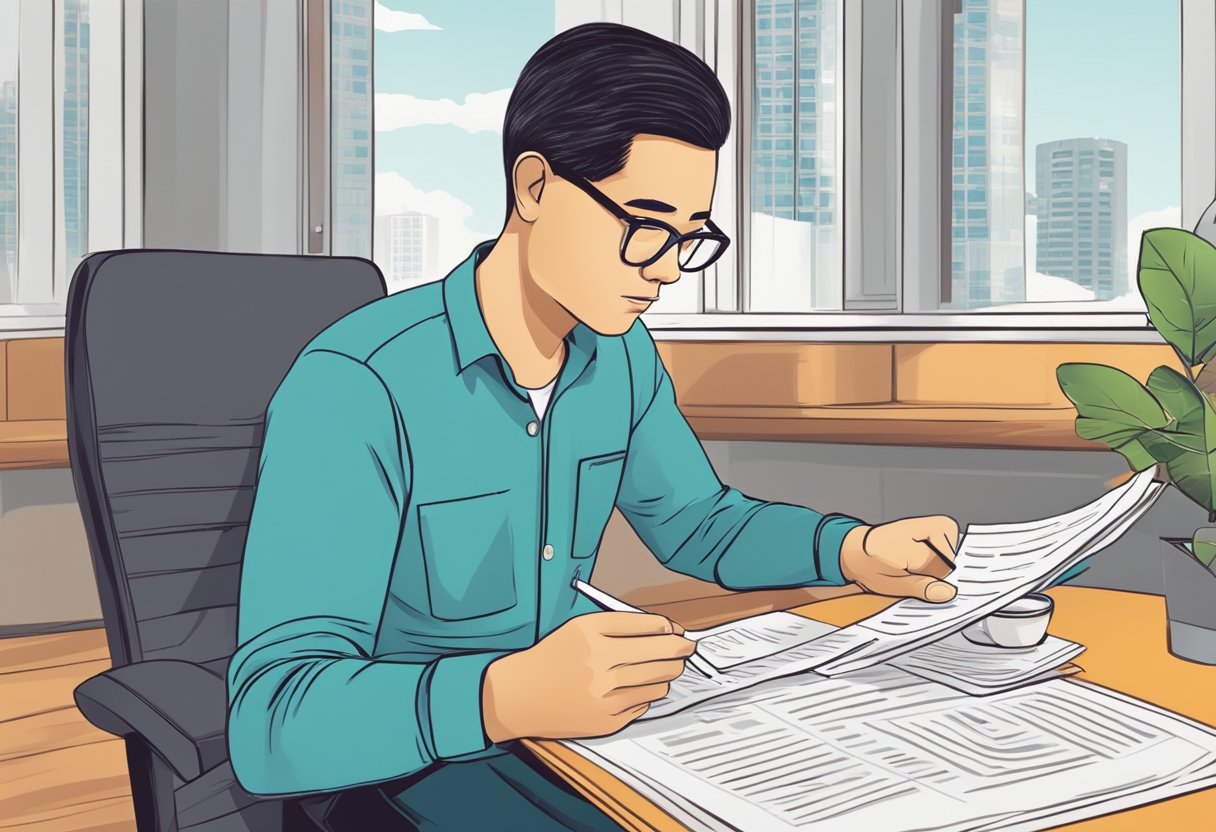 A person reading a list of frequently asked questions about electricity tariffs in Singapore, with a computer and a cup of coffee on the table