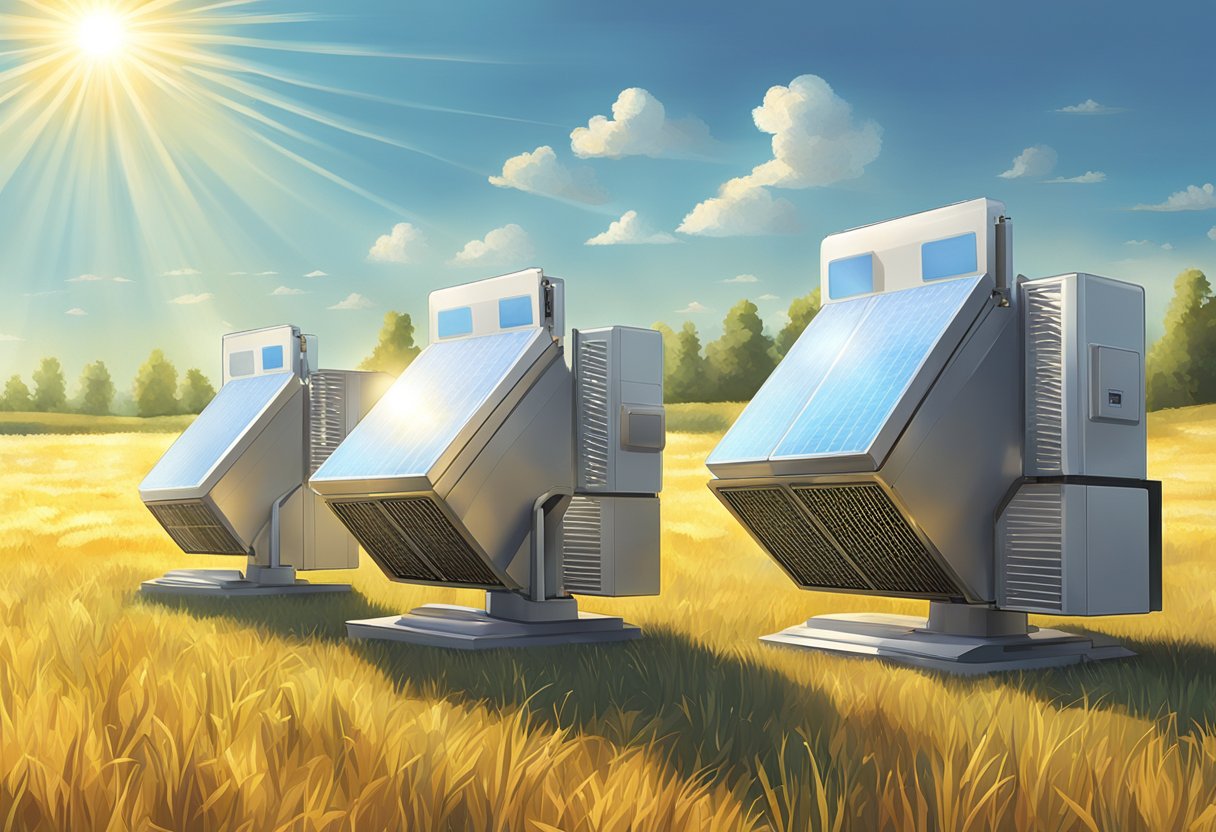 A group of thermal energy harvesters are placed in a sunny, open field, with the sun shining down on them. The devices are collecting energy from the heat of the sun and converting it into usable power