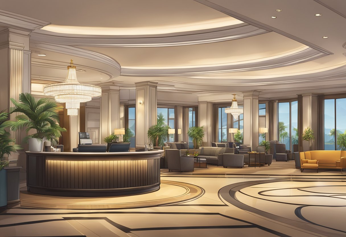 The hotel lobby is filled with plush seating, a concierge desk, and a brightly lit sign displaying the hotel's amenities and services
