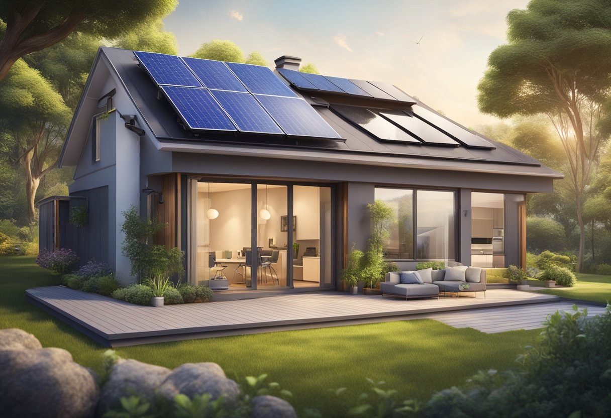 A modern, eco-friendly smart home with renewable energy gadgets like solar panels, wind turbines, and energy-efficient appliances