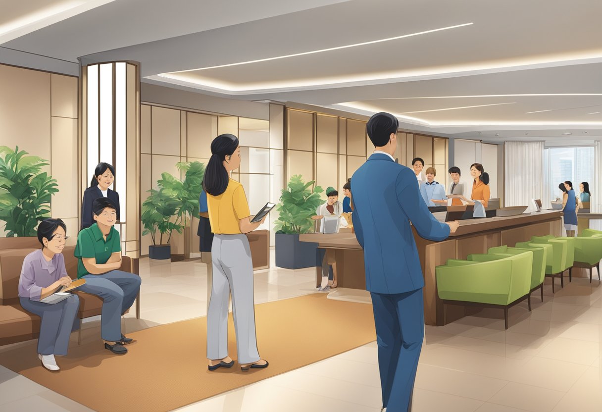 The lobby of Holiday Inn Orchard Singapore bustles with guests seeking information, a concierge assists a family, while others read the FAQ board
