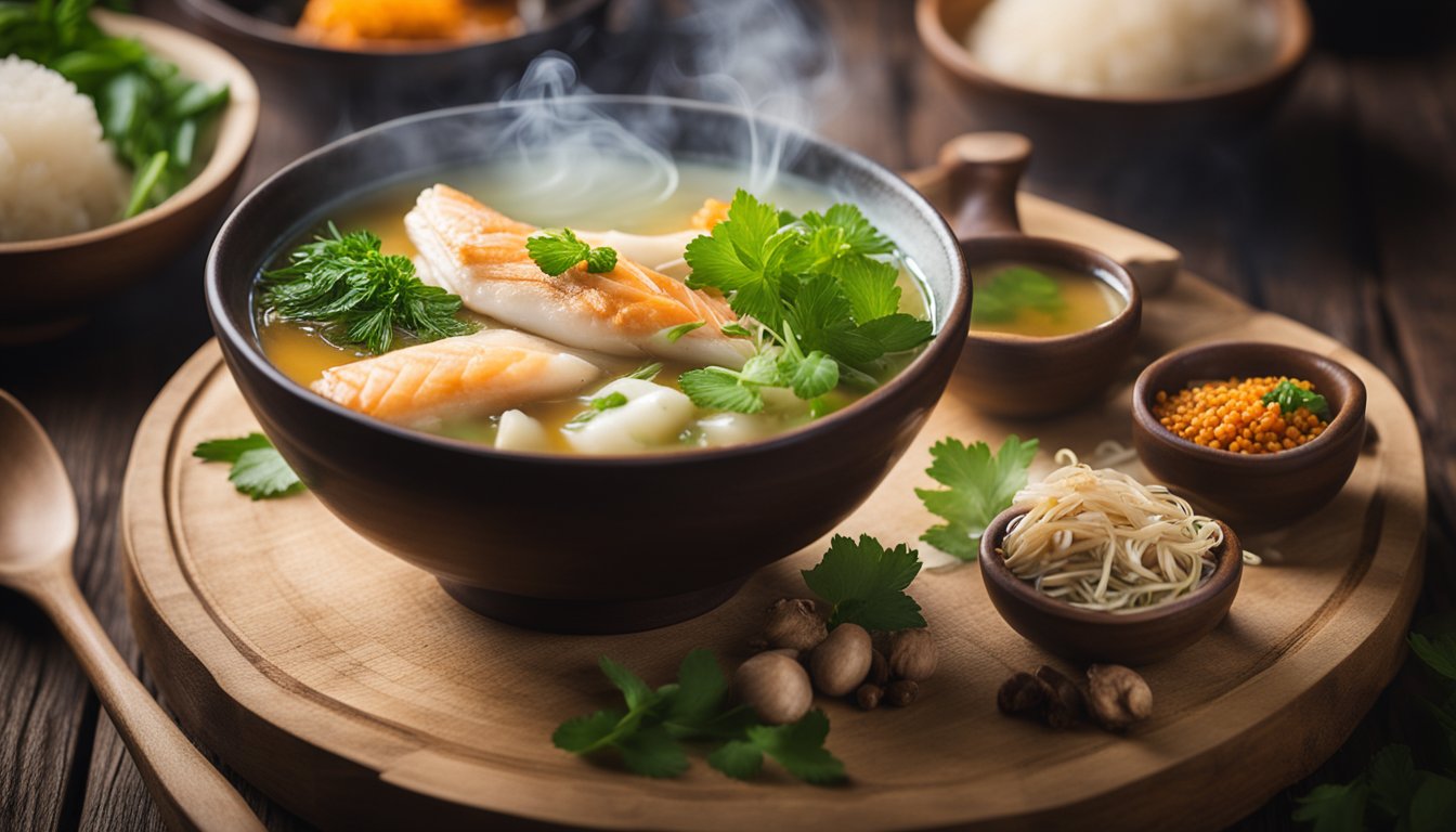 A steaming bowl of Whampoa fish soup sits on a rustic wooden table, surrounded by fresh herbs and spices, with the aroma of the broth wafting through the air