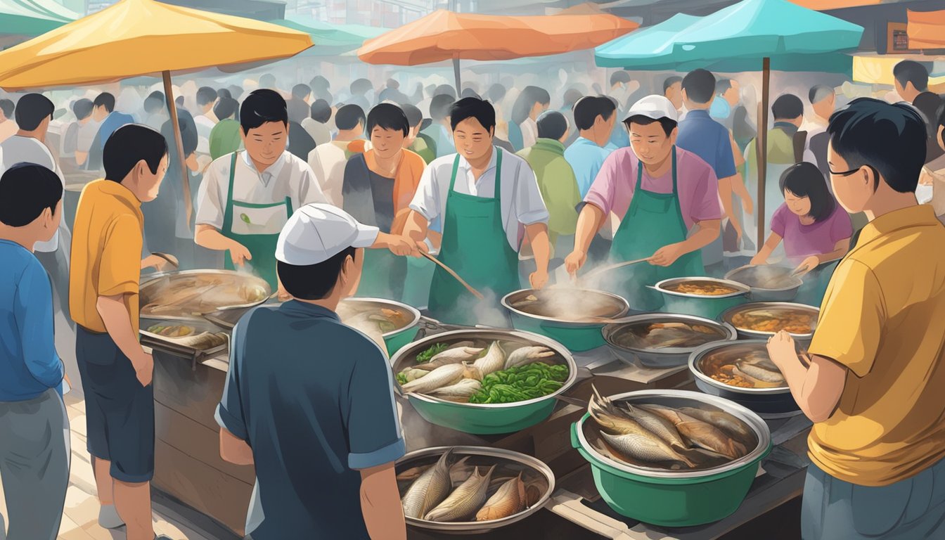 Customers gather around steaming fish head steamboats at Whampoa Market. The aroma of bubbling broth fills the air as vendors busily prepare the popular dish