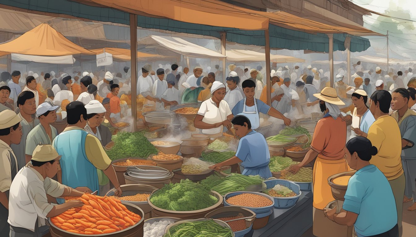 A bustling market with vendors selling fresh fish, vegetables, and spices. A large pot steams with fish head soup, surrounded by eager customers