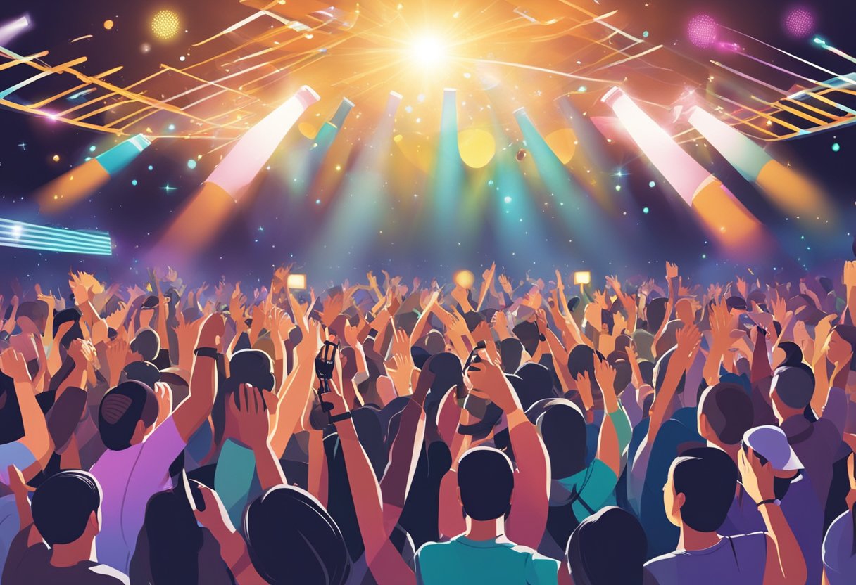 Crowd cheering at a concert in Singapore, lights flashing, stage set with instruments and speakers