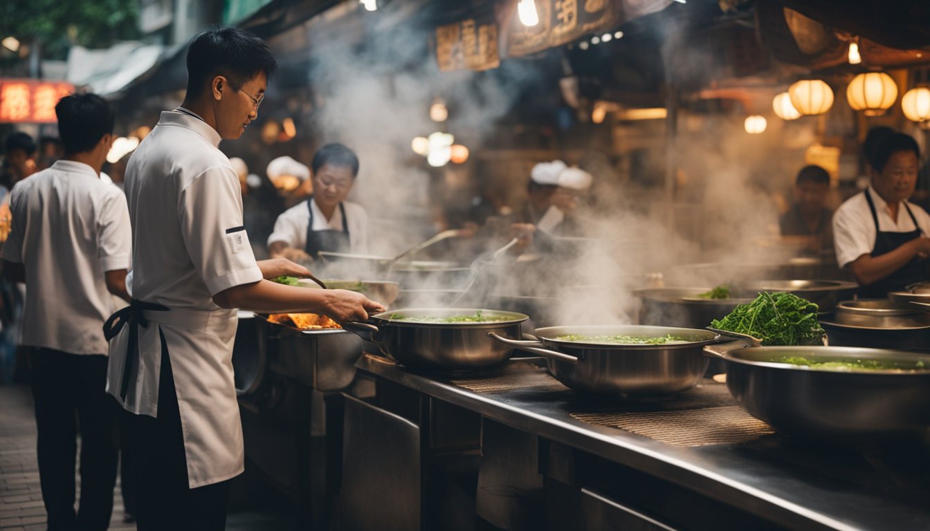 A bustling hawker center with steaming cauldrons, fragrant herbs, and a chef skillfully preparing Whampoa fish soup amidst the sounds of clinking bowls and lively chatter