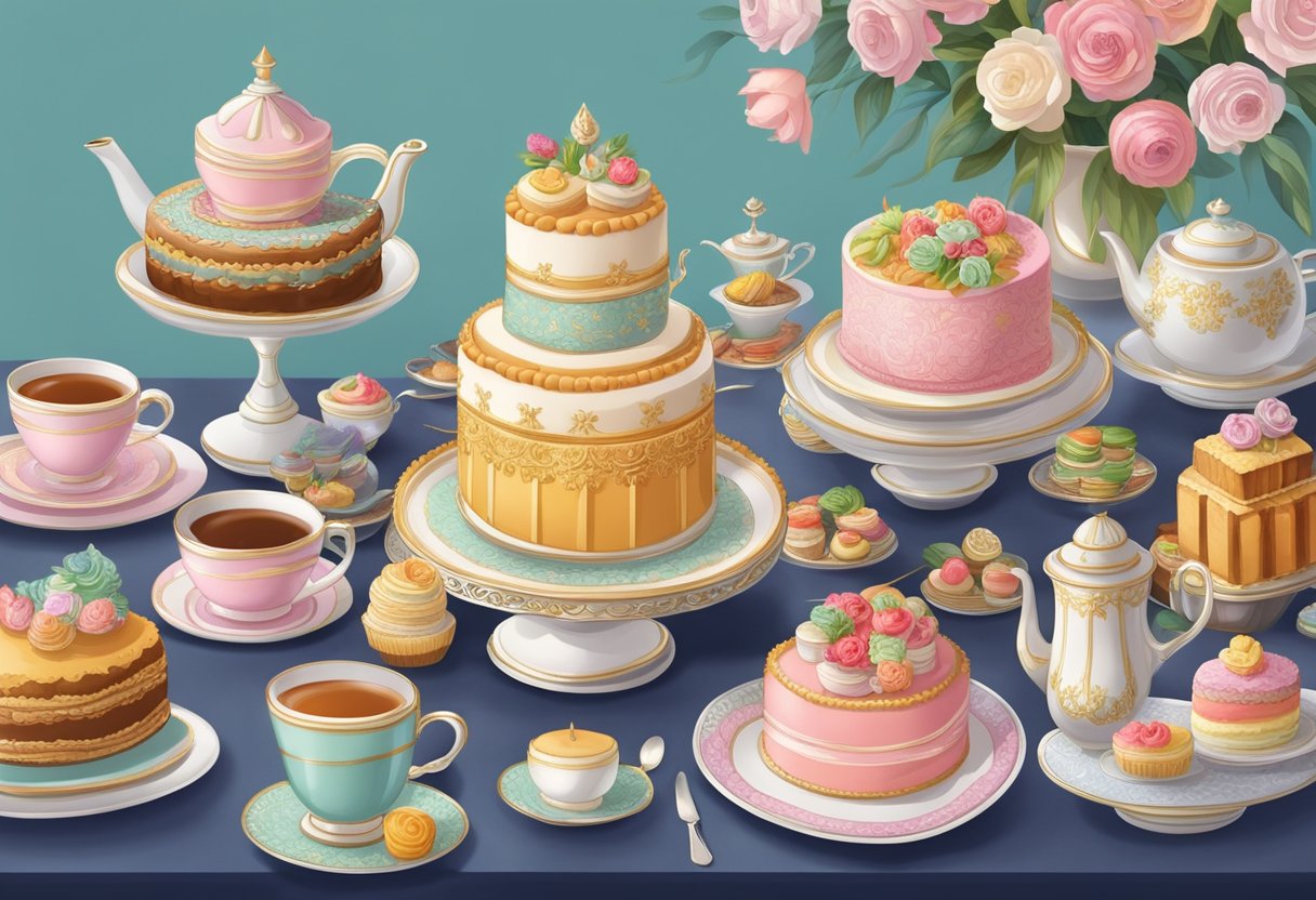 A table adorned with a variety of colorful and intricately decorated cakes, surrounded by elegant tea sets and delicate pastries