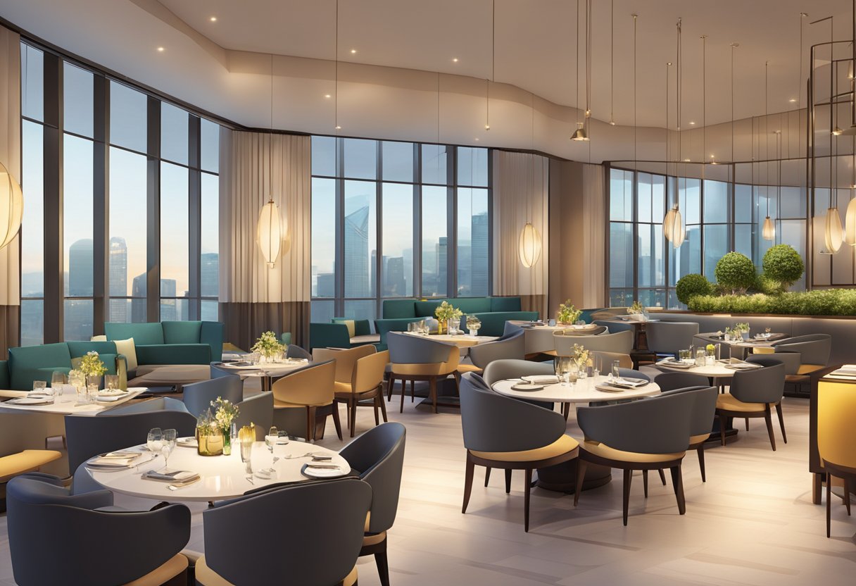 The elegant dining area at Novotel Singapore on Stevens, with modern furniture and warm lighting, creates a welcoming atmosphere for guests