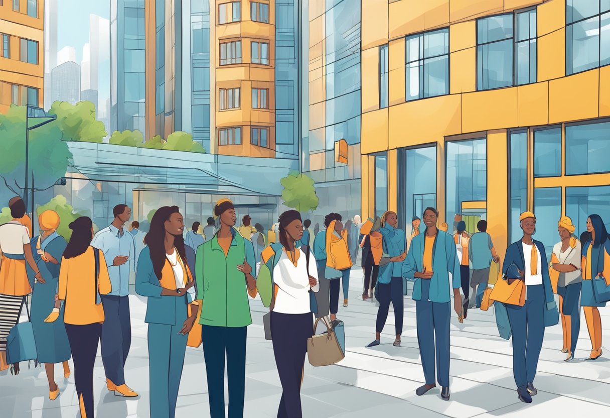 Jobseekers receiving support and opportunities in a vibrant, modern city setting with professional resources and guidance
